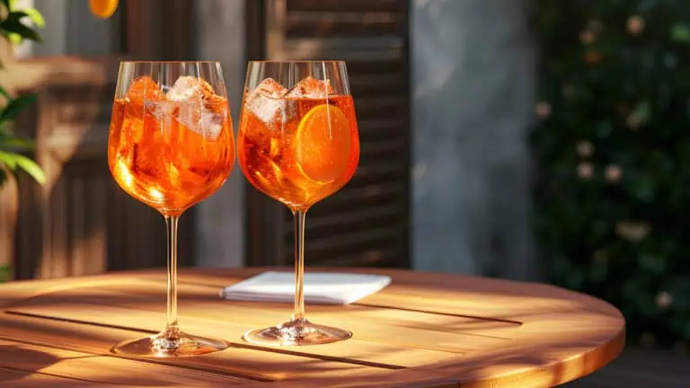 Twee glazen Aperol Spritz maken met ijsblokjes en sinaasappelschijf op zonnig terras