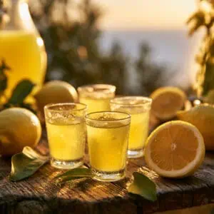 IJskoude limoncello shotjes geserveerd met verse citroenen bij zonsondergang.