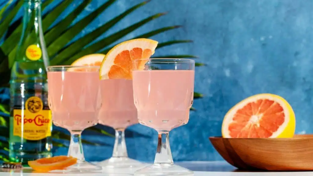 Roze cocktail met grapefruit en tonic geserveerd in glazen met citrusgarnering