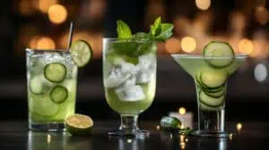 Drie groene cocktails op een donkere tafel met munt, komkommer en limoen als garnering.