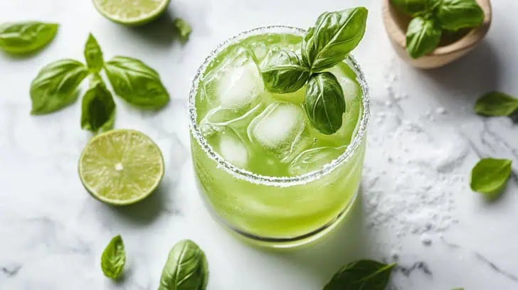 Groene margarita met zoutrand, basilicum en limoen op een marmeren aanrecht.